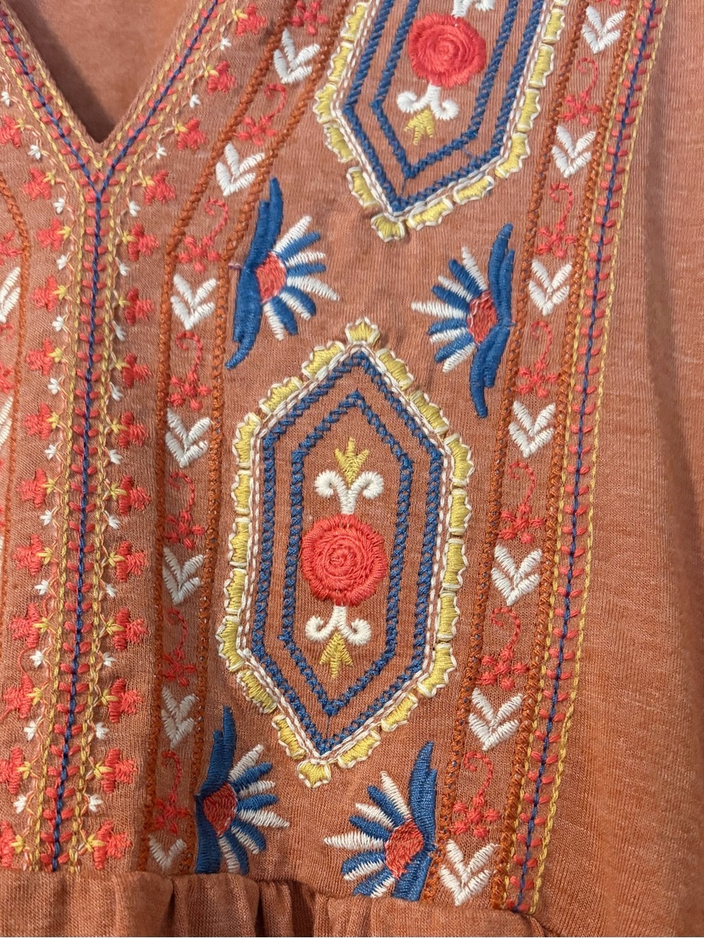 Solitaire Rust Colored Embroidered Boho Peplum Tank with Blue and Cream Accents - Picture 2 of 2